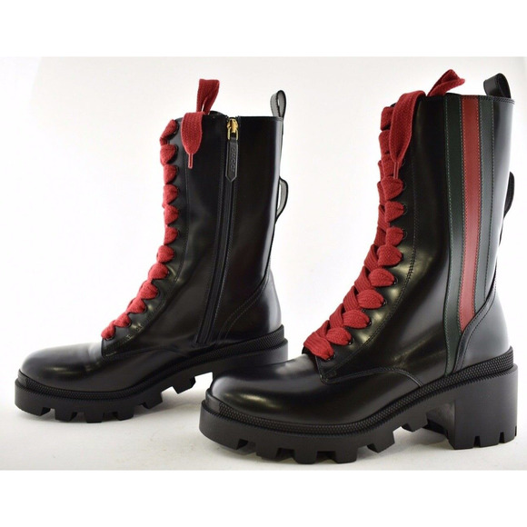 Gucci Trip Black Leather Red Green Web Stripe Mid Calf Block Heel Combat Boot 35 - Picture 9 of 12